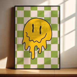 Melted Smiley Face Print, Checkered Retro Poster, Teenage Decor, Groovy Print, Funky Poster, Dorm Decor, Trendy Wall Art, Aesthetic Print