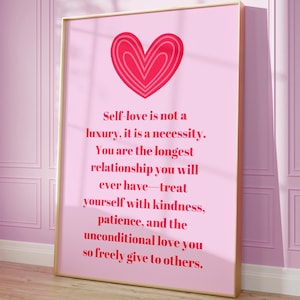 Self Love Wall Art, Self Love Quote Print, Aesthetic Pink Print, Heart Print, Trendy Wall Art, Girly Dorm Decor, Inspirational Quote Print