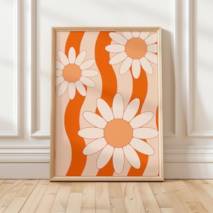 Póster con estilo, estampado floral retro de los 70, estampado retro naranja, estampado psicodélico, póster hippie, arte mural moderno, estampado bonito, descarga digital