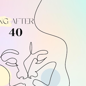 Può includere: Copertina di e-book con il testo "Dating After 40" e "This Can't Be Real!" con un'illustrazione a linea di due volti vicini. Lo sfondo è una sfumatura pastello di rosa, giallo e blu.