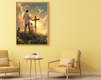 Christian Father’s Day Gift – Godly Dad Wall Art, Christian Men Bible Print, Jesus Cross Art, Religious Home Decor for Him