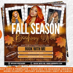 September Booking Flyer, Fall Season Booking Flyer, September Books Open, September Lash Nails Braids MUA Wig Autumn Flyer, Fall Szn Sale