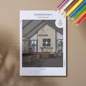 May include: A black and white interior design colouring book with a cover image of a living room with a fireplace, a chandelier, and furniture. The title of the book is "INTERIOR DESIGN colouring book" and the subtitle is "homes 1". There are 25 colouring pages.