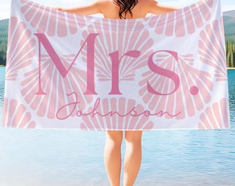 Mr and Mrs Beach Towel, Honeymoon Wedding Gift, Preppy Seashell Last Name Beach Towel, Custom Couple Towel, Mr. and Mrs. Newlywed Gift