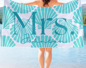 Mr and Mrs Beach Towel, Honeymoon Wedding Gift, Preppy Seashell Last Name Beach Towel, Custom Couple Towel, Mr. and Mrs. Newlywed Gift