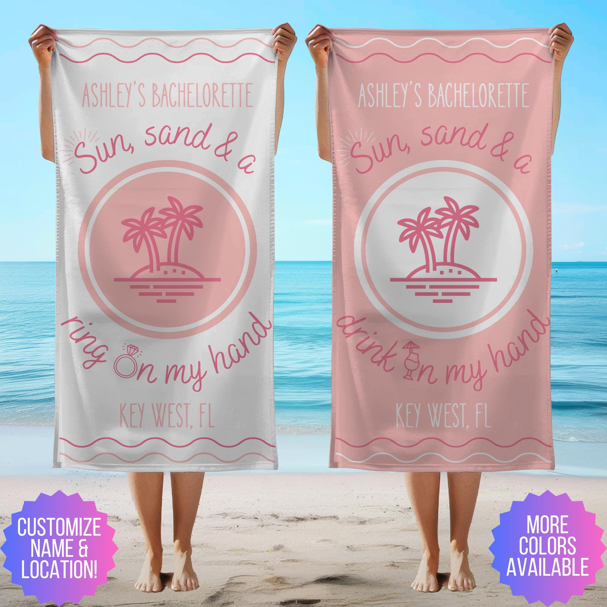 Personalized Bachelorette Beach Towels with Name & Location, Bride and Tribe Beach Towels, Palm Tree Design, Fun Bachelorette Party Favor
