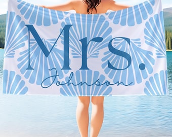 Mr and Mrs Beach Towel, Honeymoon Wedding Gift, Preppy Seashell Last Name Beach Towel, Custom Couple Towel, Mr. and Mrs. Newlywed Gift