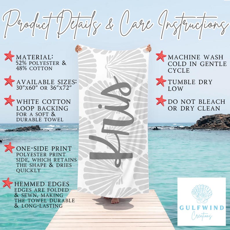 May include: A white beach towel with a gray floral pattern and the name "Kris" printed on it. The towel is held up on a wooden dock with the ocean in the background. The towel is available in 30"x60" or 36"x72" sizes.