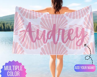 Personalized Beach Towel with Name, Seashell Bachelorette Party Gift for Bridesmaids, Perfect for Beach Days, Pool Parties and Girl Getaways