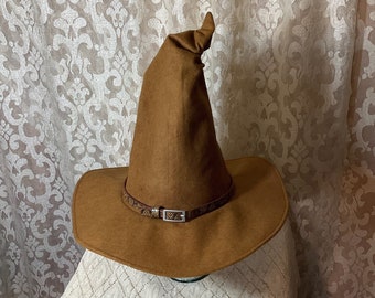 Caramel Brown Wizard/Witch Hat with Hatband and Crooked Top-Elf, Goblin, Ren Faire Hat