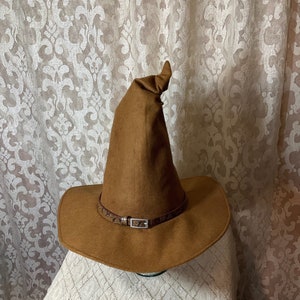 Caramel Brown Wizard/Witch Hat with Hatband and Crooked Top-Elf, Goblin, Ren Faire Hat