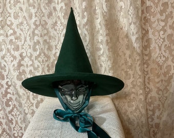 Forest Practical Witch Hat- Green Wool Felt Hat with Satin Ribbon Ties