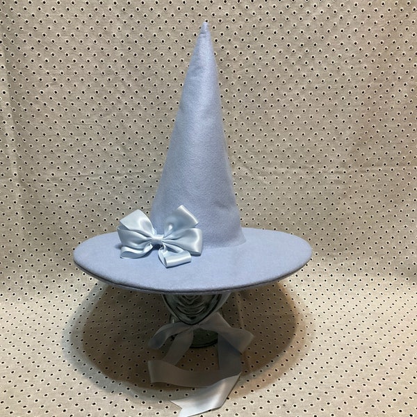 Powder Blue Practical Witch Hat- Light Blue Wool Felt Hat with Satin Ribbon Ties and Optional Bow