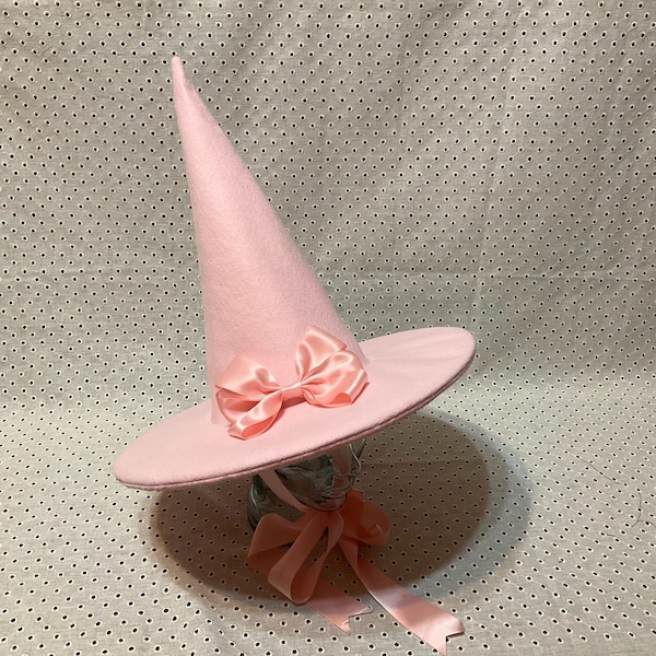 Ballet Pink Practical Witch Hat- Pink Wool Felt Hat with Satin Ribbon Ties and Optional Bow