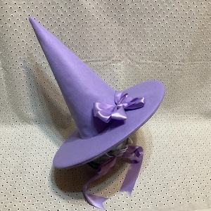 Wisteria Practical Witch Hat- Purple Wool Felt Hat with Satin Ribbon Ties and Optional Bow