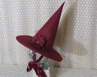 Rose Red Witch Hat- Scarlet Wool Felt Hat with Satin Ribbon Ties and Rose Decoration