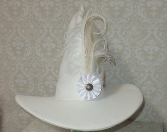 Fancy White Witch Hat- White Wool Felt Hat with White Cockade and Feathers