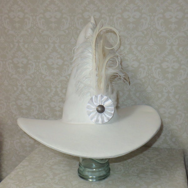 Fancy White Witch Hat- White Wool Felt Hat with White Cockade and Feathers