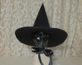 Practical Witch Hat- Black Wool Felt Hat with Satin Ribbon Ties