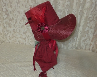 Scarlet Stovepipe Bonnet and Reticule- Regency, Georgian, Jane Austen Era Bonnet and Purse