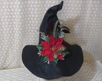 Winter Witch Hat- Black Wool Felt Hat with Poinsettia, Leaves, Pinecones, and Feathers