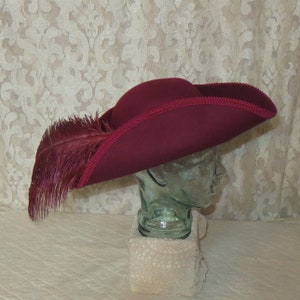 Burgundy Pirate Hat Classic Tricorn with Burgundy Trim, and Optional Cockade and/or Feathers 100% Wool Tricorn #2 One Feather Pin