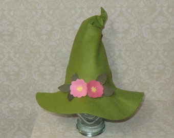Garden Witch Hat- Green Felt Witch Hat with Flowers