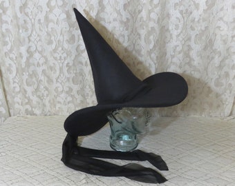 Wicked Witch Hat- Black Wool Felt Hat with Wired Brim and Long Veil
