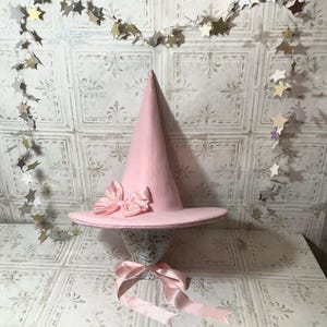 Ballet Pink Practical Witch Hat- Pink Wool Felt Hat with Satin Ribbon Ties and Optional Bow