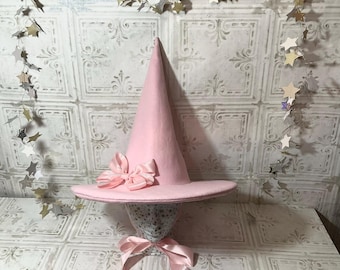 Ballet Pink Practical Witch Hat- Pink Wool Felt Hat with Satin Ribbon Ties and Optional Bow