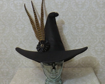 Professor McGonagall Witch Hat- Black Wool Felt Hat with Pheasant Feathers