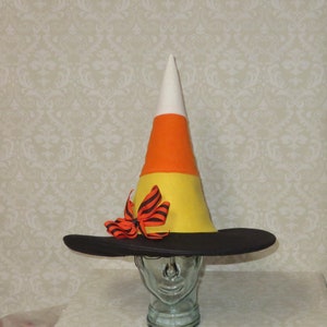 Candy Corn Witch Hat-Wool Felt Hat with Wired Brim and Bow