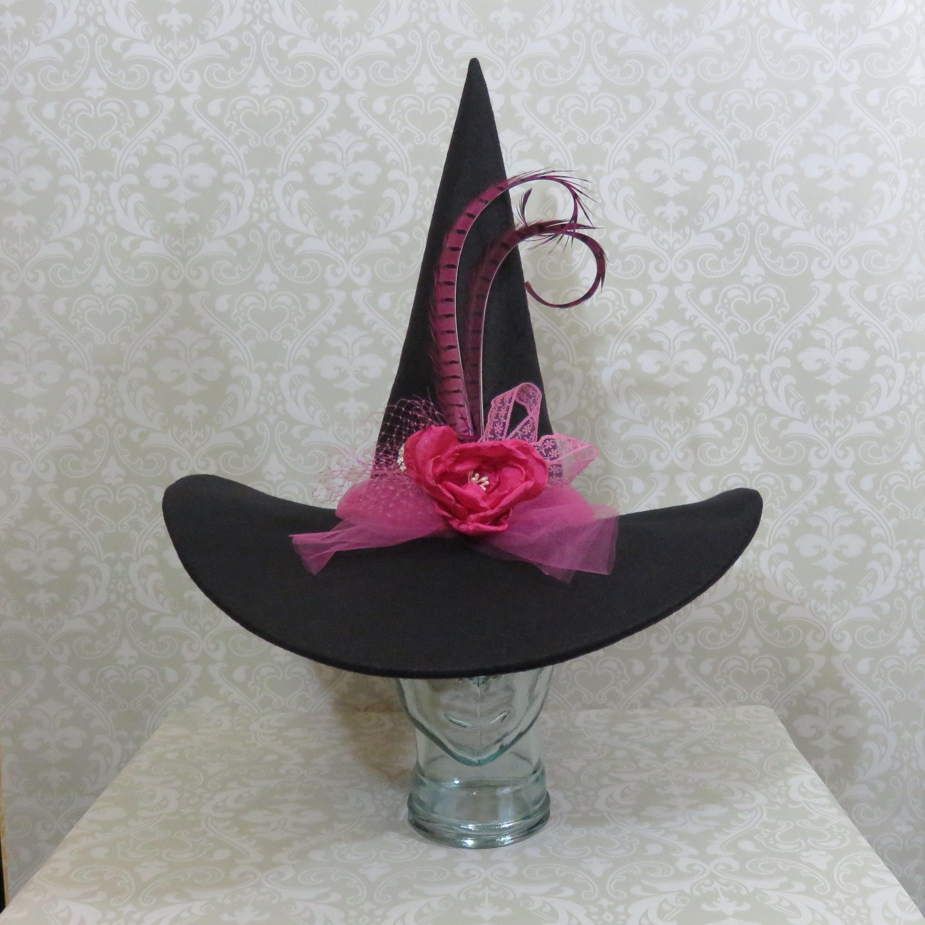 Fancy Black/Pink Witch Hat Felt Hat with Pink Flower | Etsy