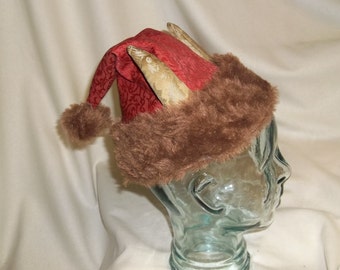 Red, Brown and Gold Krampus Hat- Santa Hat with Horns