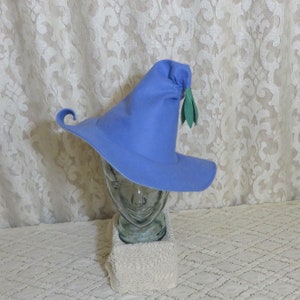 Blue Flower Fairy Witch Hat- Periwinkle Blue Wool Felt Hat with Curled Petal Brim and Leafy Tassel