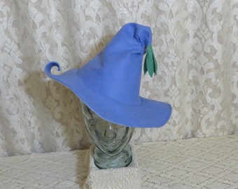 Blue Flower Fairy Witch Hat- Periwinkle Blue Wool Felt Hat with Curled Petal Brim and Leafy Tassel