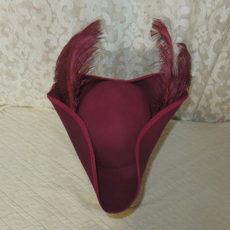 Burgundy Pirate Hat Classic Tricorn with Burgundy Trim, and Optional Cockade and/or Feathers 100% Wool Tricorn #4 Two Feathers Pins