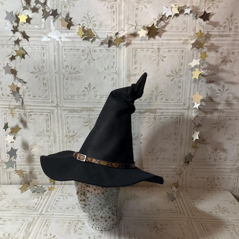 Black Wizard/Witch Hat with Hatband and Crooked Top- Elf, Goblin, Ren Faire Hat image 4