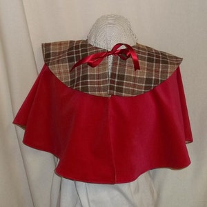 Red and Plaid Double Capelet- Short Velveteen and Wool Costume Cape