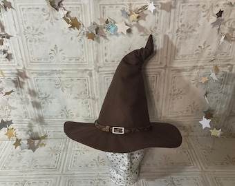 Brown Wizard/Witch Hat with Hatband and Crooked Top- Elf, Goblin, Ren Faire Hat