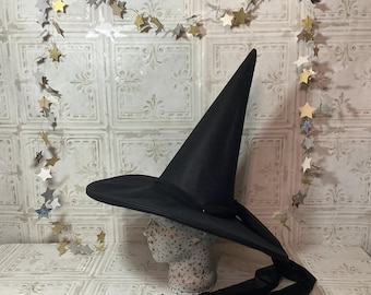 Vintage Wicked Witch Hat- Black Wool Felt Hat with Wired Brim and Long Veil