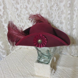 Burgundy Pirate Hat Classic Tricorn with Burgundy Trim, and Optional Cockade and/or Feathers 100% Wool Tricorn #6 2Feathers/Cockade