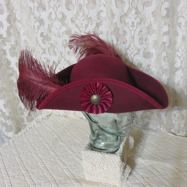 Burgundy Pirate Hat Classic Tricorn with Burgundy Trim, and Optional Cockade and/or Feathers 100% Wool Tricorn #6 2Feathers/Cockade