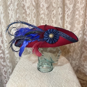 Scarlet and Navy Pirate Hat- Fancy Scarlet Red Wool Tricorn with Navy Trim, Ostrich, Rooster and Peacock Feathers- 100% Wool Tricorn