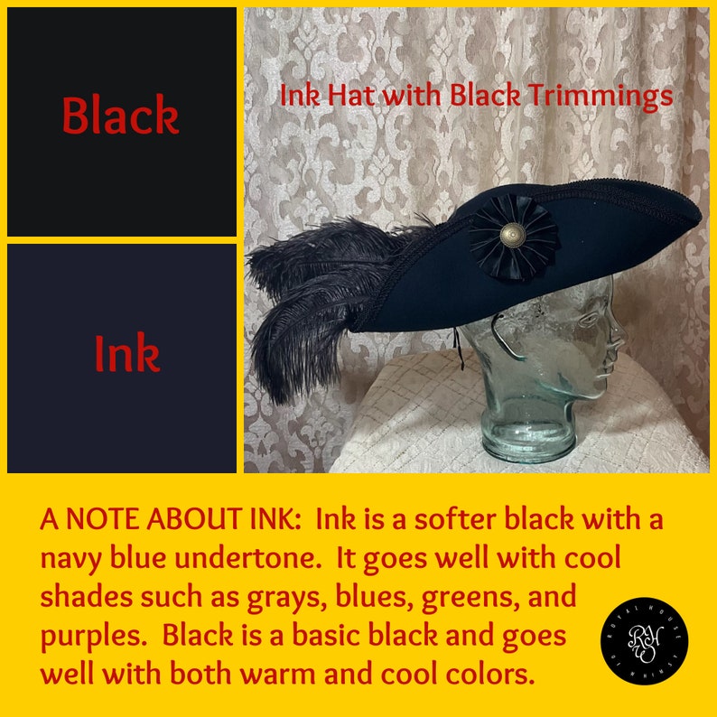 May include: Black ink hat with black trimmings. The hat features a wide brim, a decorative rosette, and black feathers. The text on the image says "Black" and "Ink". The text also describes the difference between black and ink.