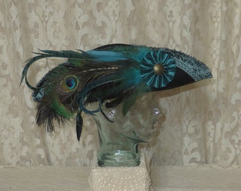 Black and Peacock Pirate Hat- Fancy Black Wool Tricorn with Jade Trim and Peacock Feathers- 100% Wool Tricorn