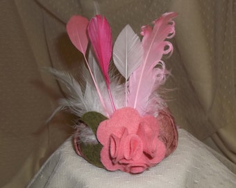 Pink Valentine Fascinator- Pink Button with Lace, Flower and Feathers- Headband- Mini Hat