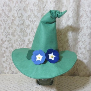 Morning Glory Witch Hat- Jade Green Felt Witch Hat with Felt Flowers or Teal Bow and Peacock Feathers