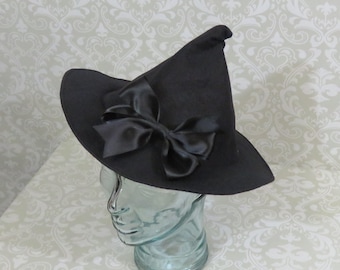 Little Black Witch Hat- Black Wool Felt Hat with Flower or Bow Pin