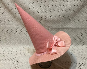 Pink Brocade and Straw Witch Hat- Light Pink with Dots and Tall Cone